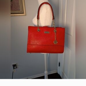 Anne Klein Tomato Red Pebbled Leather Shoulder Bag with Gold Accents